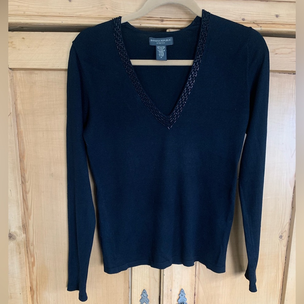 Banana Republic Black Sequin Trim V-Neck Sweater